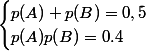 \begin{cases}p(A)+p(B)=0,5\\p(A)p(B)=0.4\end{cases}